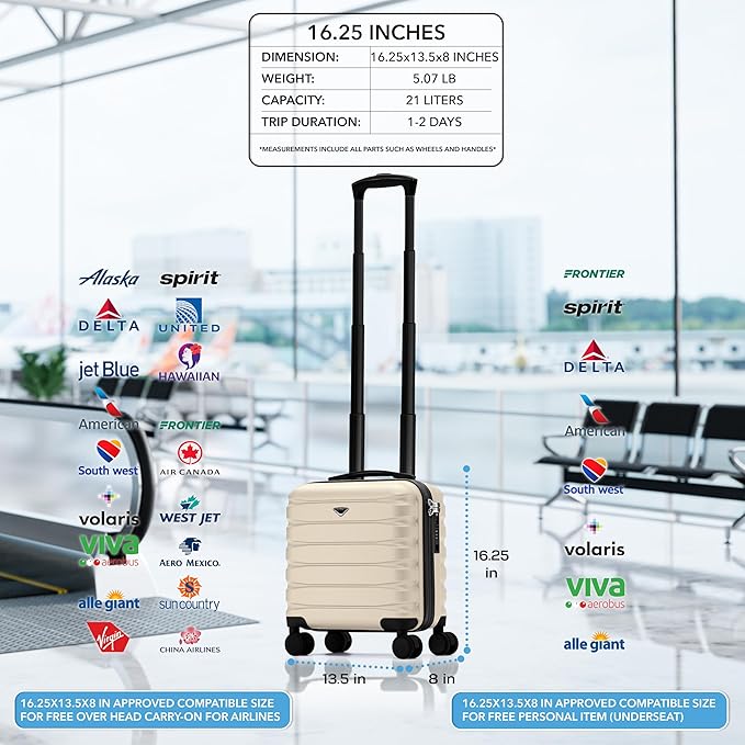 Carry On Suitcase Hardside TSA Lock & USB Port Silent Double Spinner Wheels Maximum Underseat Carry-On Bag For Virgin & South West Approved Airlines( 16.25x13.5x8" ,Cream/Black )