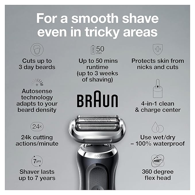 Braun Series 7 7075cc Electric Razor for Men with SmartCare Center, Beard Trimmer, Wet & Dry, Rechargeable, Cordless Foil Shaver, Black