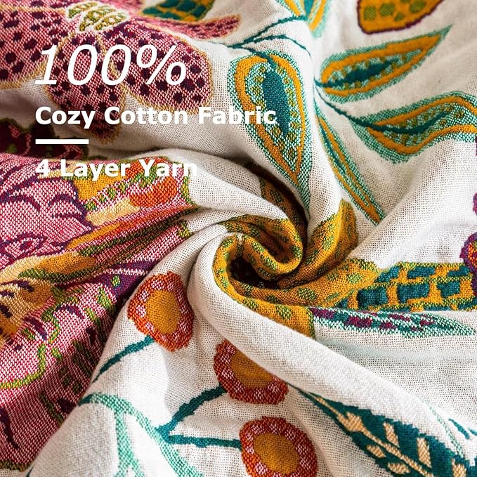 Boho Throw Blanket for Bed 100% Cotton Ultra Soft Rustic Quilt Fall Blanket Floral Printed Farmhouse Decor Bed Blankets,90"×98" All Season Rustic Throw for Sofa Couch Chair