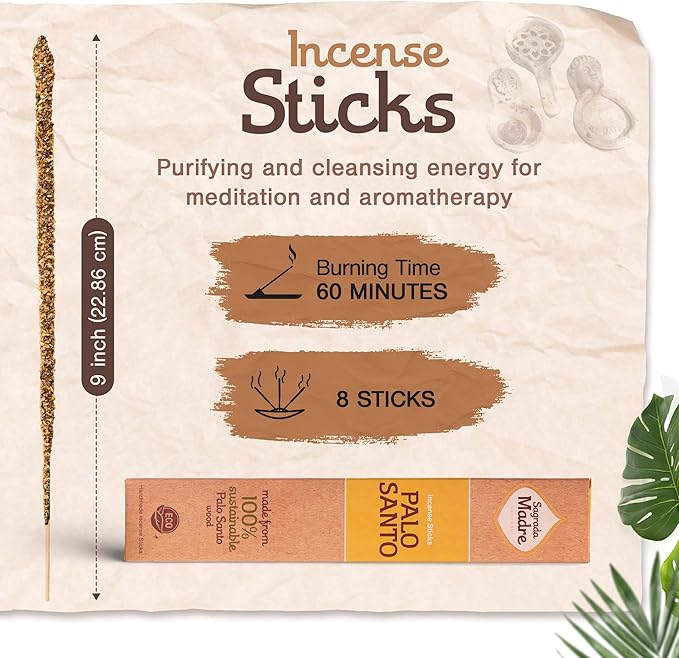 8pcs Wildly Harvested Thick Palo Santo Incense Sticks (Plant Based), 9” Long - Eco Friendly, Non-Toxic, Aromatic Incense Sticks (1hr Burning Time) to Heal & Calm Your Body & Environment