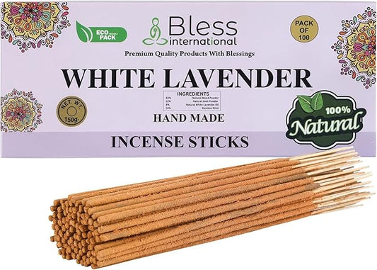 Bless-White-Lavender 100%-Natural-Handmade-Hand-Dipped-Incense Organic-Chemicals-Charcoal-Free Purification-Relaxation-Positivity-Yoga-Meditation Best-Woods-Scent (100 Sticks(5.25 OZ))