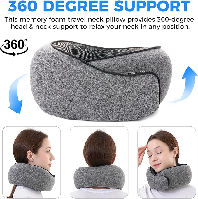 Travel Pillow,Travel Neck Pillows for Airplanes,Comfortable Breathable Cover,Memory Foam 360 Degree Support Stowable Pillows,Ideal Accessory for Sleeping Offices and Cars(Gray)