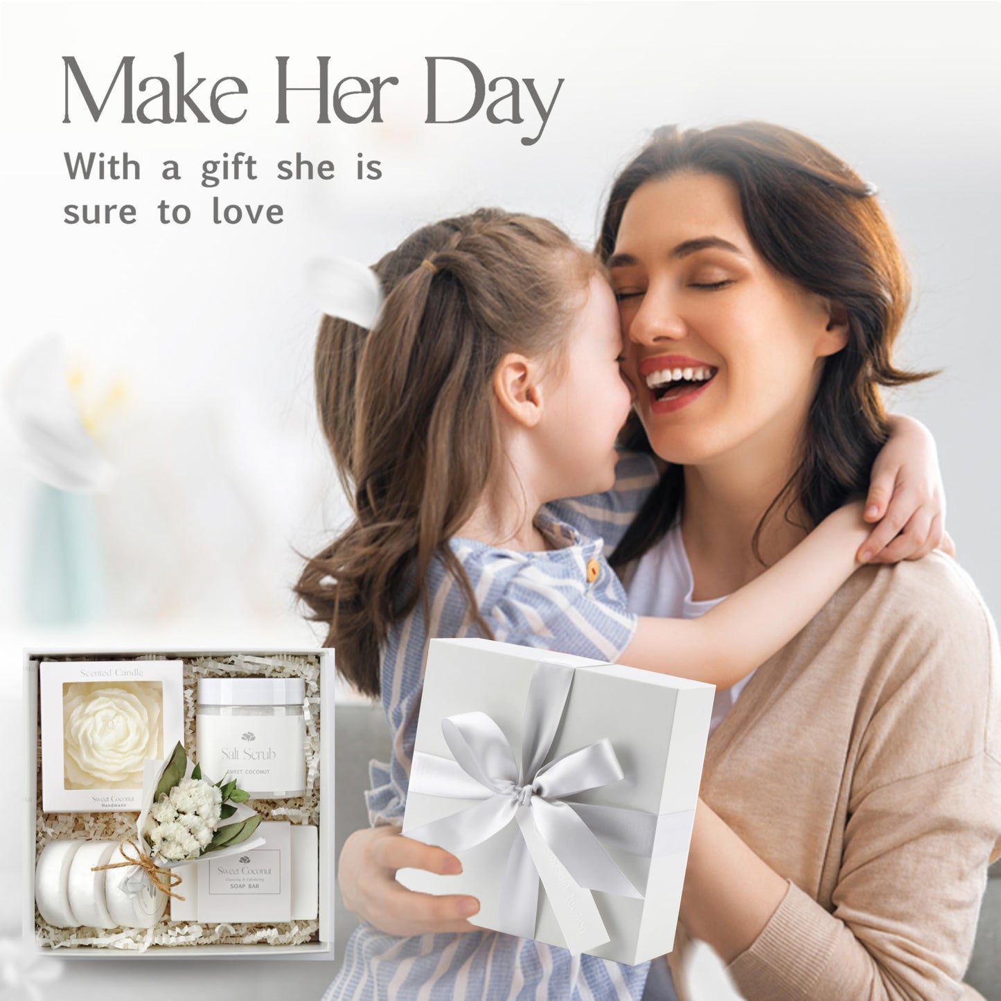 Sweet Coconut Spa Gift Set for Women – Relaxation Gift Basket with Candle, Soap, Salt Scrub & Shower Steamers – Birthday, Thank You, Bridal Shower & Self Care for Mom, Wife, Sister, Friend