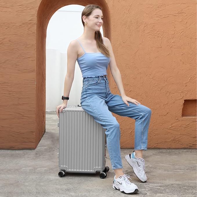 AnyZip Luggage Aluminium Frame Suitcase Hard Shell TSA Lock No Zipper 24In Silver