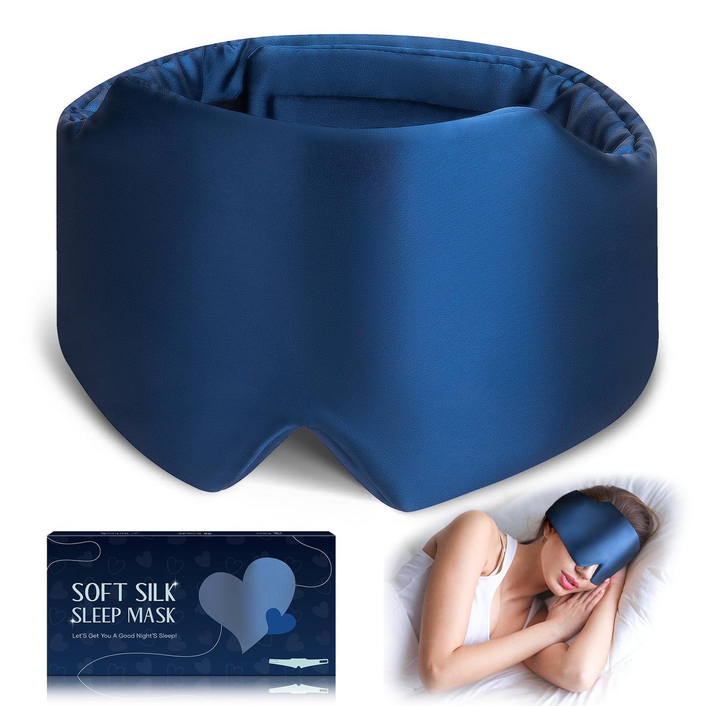 Silk Sleep Mask, Large Size Eye Mask Face Hugging Padded Sleep Blindfold Silk Eye Cover with Adjustable Band for Total Blackout for All Night Sleep (Navy Blue)