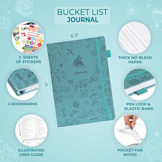 Clever Fox Bucket List Journal Large – Inspirational Book for Memories & Adventures – Motivational Bucket List Notebook for Couples, A4 (Aquamarine)