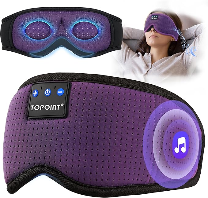 TOPOINT Sleep Mask with Bluetooth Headphones Wireless, 3D Eye Mask for Sleeping Headphones Women Men with Noise Canceling Earbuds, Thin Speaker, Blackout, 15 Hours for Travel, Meditation, CPAP Users