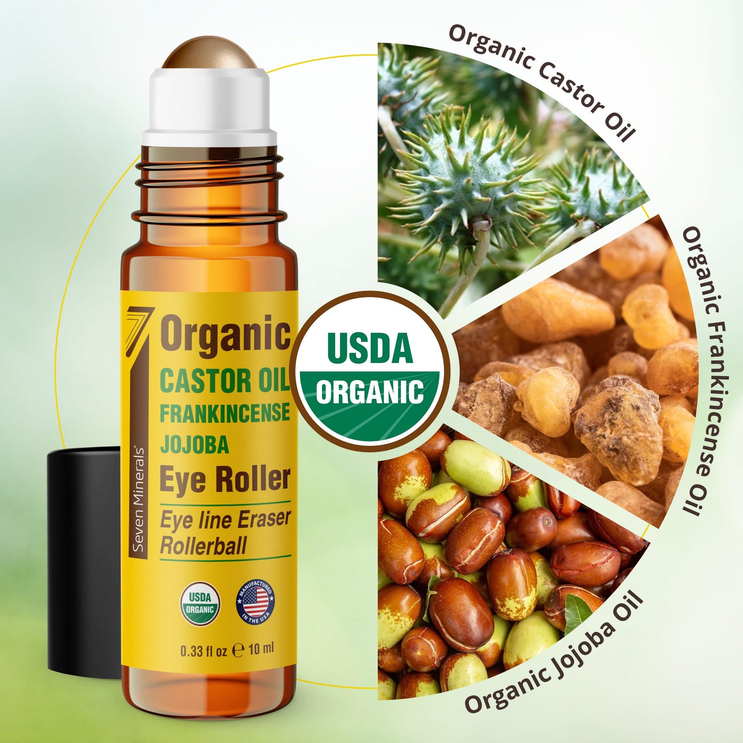 Seven Minerals Castor Oil Roll On Eye Roller for Under Eye Bags, Dark Circles & Wrinkles - Powerful Organic Blend of Castor, Frankincense & Jojoba - Brighten, and Revitalize Skin & Face - 0.33 fl oz