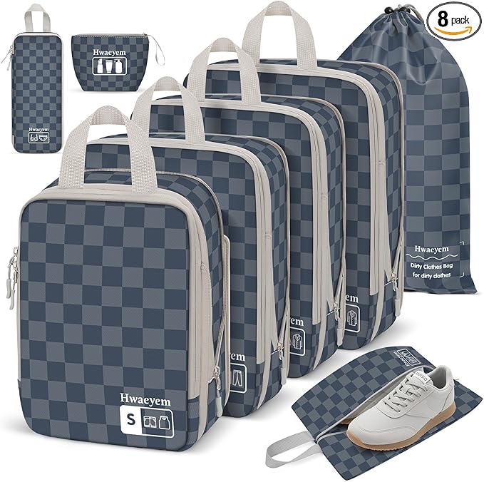 8 Set Compression Packing Cubes for Travel, Lightweight Dual Zipper Packing Cubes, Space-Saving Suitcase Organizer for Travel/Business Trip/Family Vacation (Blue-Gray Checkered)