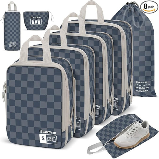8 Set Compression Packing Cubes for Travel, Lightweight Dual Zipper Packing Cubes, Space-Saving Suitcase Organizer for Travel/Business Trip/Family Vacation (Blue-Gray Checkered)