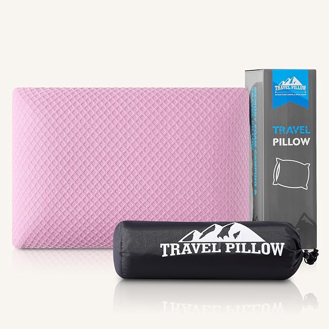 Travel Pillow Memory Foam Pillows, Camping Pillow-Compressible Medium Firm, Breathable Cover, Ideal Backpacking Hiking, Bed Pillows, Airplane and Car (Apricot Pink, S)