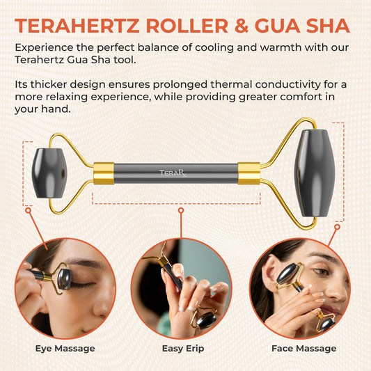 TeraRX Terahertz Gua Sha & Facial Roller Set – 100% Authentic Terahertz Stone Face Roller to Reduce Puffiness, Improve Wrinkle Lines & Relieve Facial Tension – Perfect for Eye Massage and Relaxation