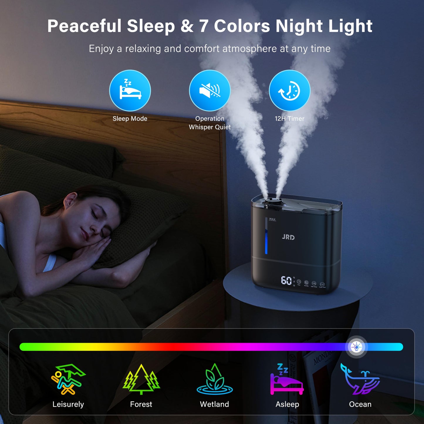 JRD Top Fill 4L Humidifiers for Bedroom, Cool Mist Humidifiers for Large Room, 40H Runtime, 360° Nozzle, Essential Oil Diffuser, Ultrasonic Humidifier for Home Baby Plants