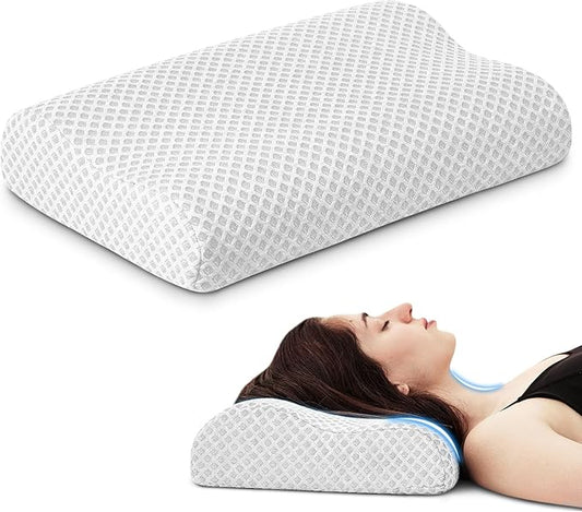 Travel Pillow Memory Foam Pillows, Ergonomic Wave Cervical Neck Pillow for Neck Pain Relief, Compressible Medium Firm Side Sleeper Pillow, Ideal for Camping, Office, Home & Bed (White, S)