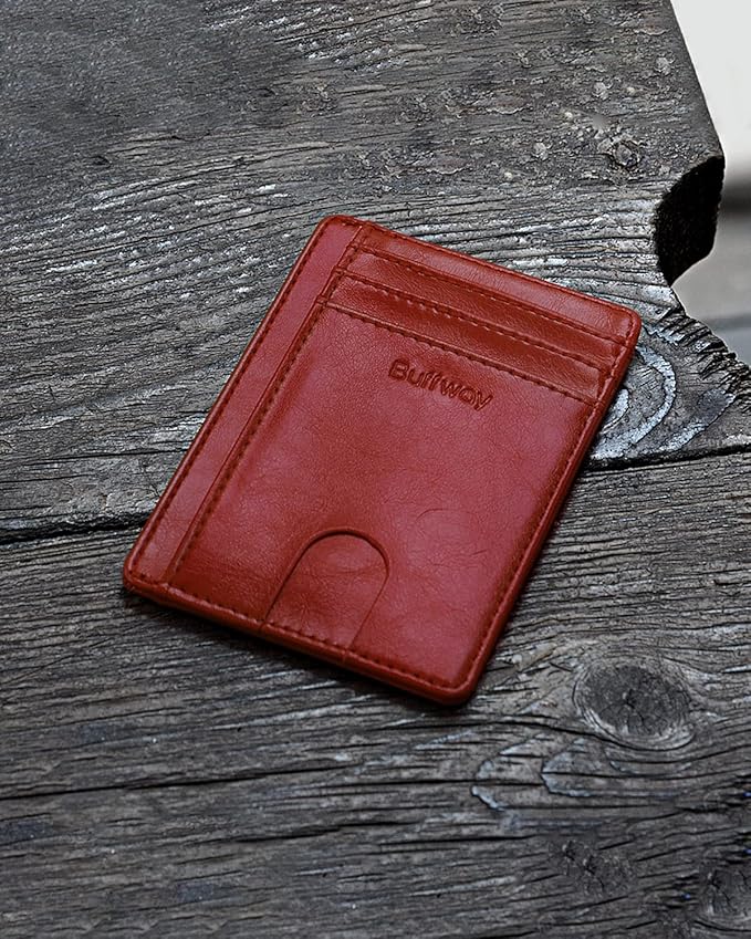 Buffway Slim Minimalist Front Pocket RFID Blocking Leather Wallets for Men and Women - Alaska Cherry