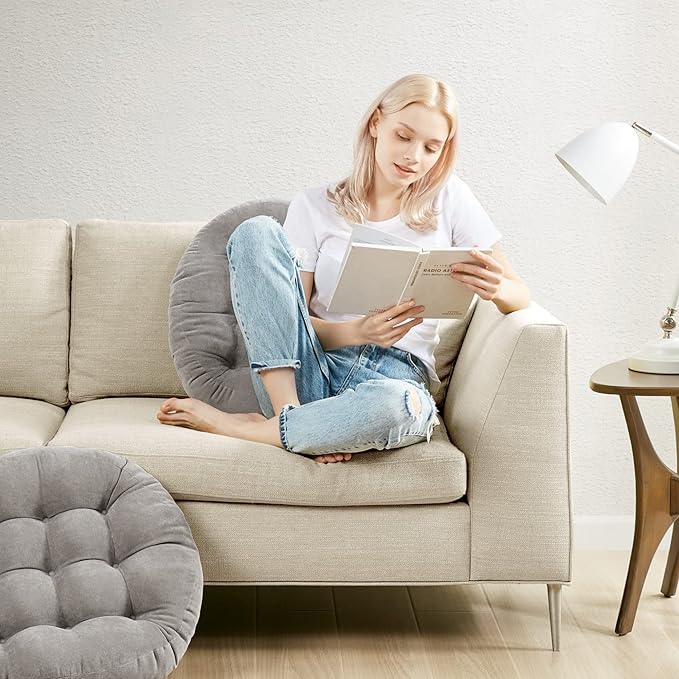 Meditation Floor Pillow Set of 2, Round Large Pillows Seating for Adults, Tufted Corduroy Cushion for Tatami Living Room, Grey, 22 Inch