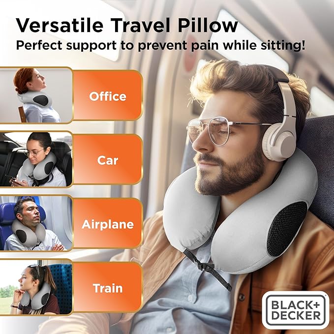 BLACK+DECKER Memory Foam Travel Neck Pillow Travel Pillow for Plane, Car & Train| Ice Silk Cooling Fabric, Ergonomic Design, Neck Support, Washable Cover,Grey