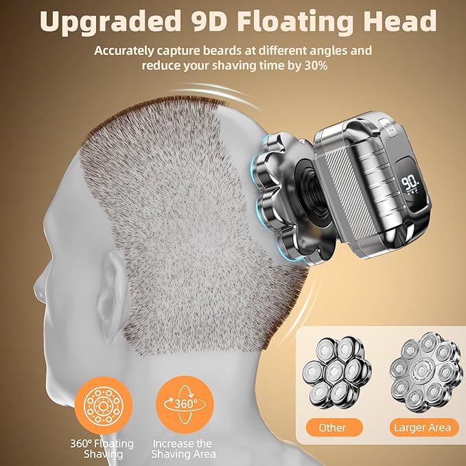 9D Head Shavers for Bald Men, 5 in 1 Detachable Head Shaver with LED Display, IPX7 Waterproof Wet Dry Rechargeable Electric Shavers for Men Grooming Kit for Home & Travel