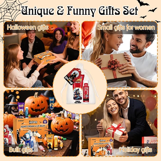 60 Pack Halloween Hand Cream and Lip Balm Set for Women, Bulk Hand Lotion for Halloween Gifts, Halloween Party Favors, Party Supplies, Decorations, Goodie Bags with Halloween Card and Organza Bags