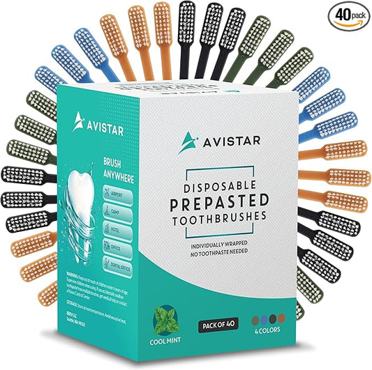 Avistar 40 Prepasted Disposable Toothbrushes Individually Wrapped - Single Use Pre Pasted Disposable Toothbrushes with Toothpaste Built in - Waterless Toothbrush for Travel, Guests, Hotel, & Camping