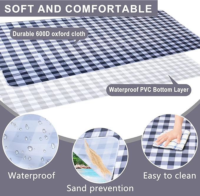 80"x60" Waterproof Sandproof Picnic Mat - Portable Foldable Outdoor Blanket for Beach, Park, Travel & Indoor Use - Lightweight Compact Design, Easy-Carry (Gray&White)