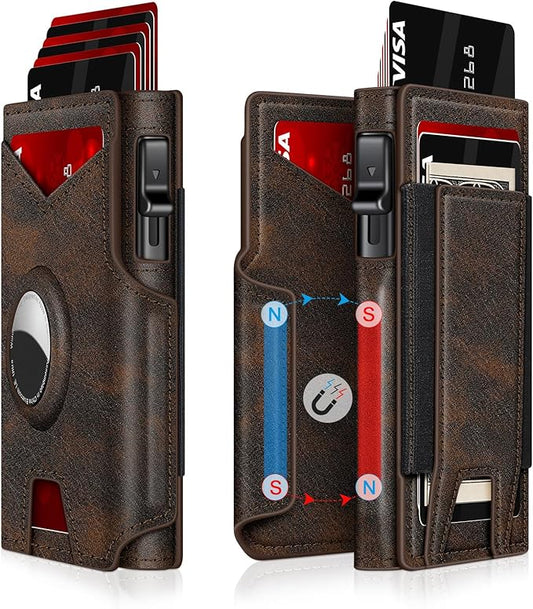 Airtag Wallet for Men, Minimalist Slim Mens Wallet Smart Pop Up Credit Card Holder for 9-13 Cards, RFID Blocking Wallet with ID Window & Cash Slot, Compact Bifold Metal Aluminum Card Case