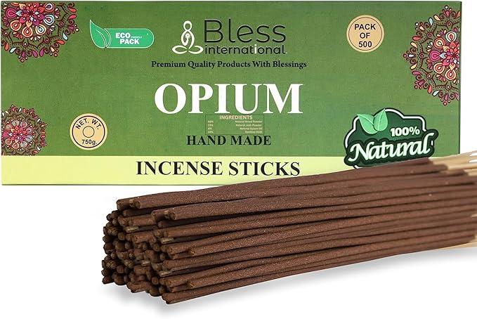 Bless-Opium 100%-Natural-Handmade-Hand-Dipped-Incense-Sticks Organic-Chemicals-Charcoal-Free Purification-Relaxation-Positivity-Yoga-Meditation Best-Woods-Scent (500 Sticks(26 OZ))