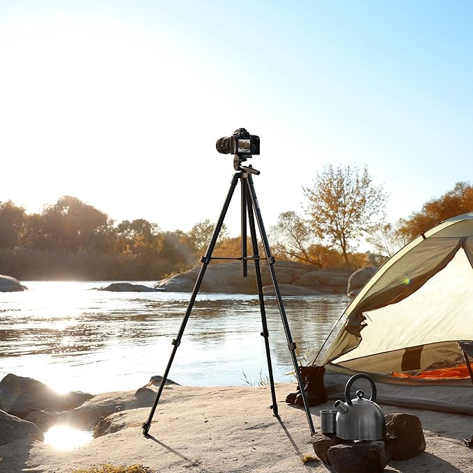 60″ Camera Tripod Lightweight Travel Tripod Stand Compatible with Canon Nikon DSLR Cameras with Wireless Remote Phone Holder and Bag Max Load 6.6 LB Black