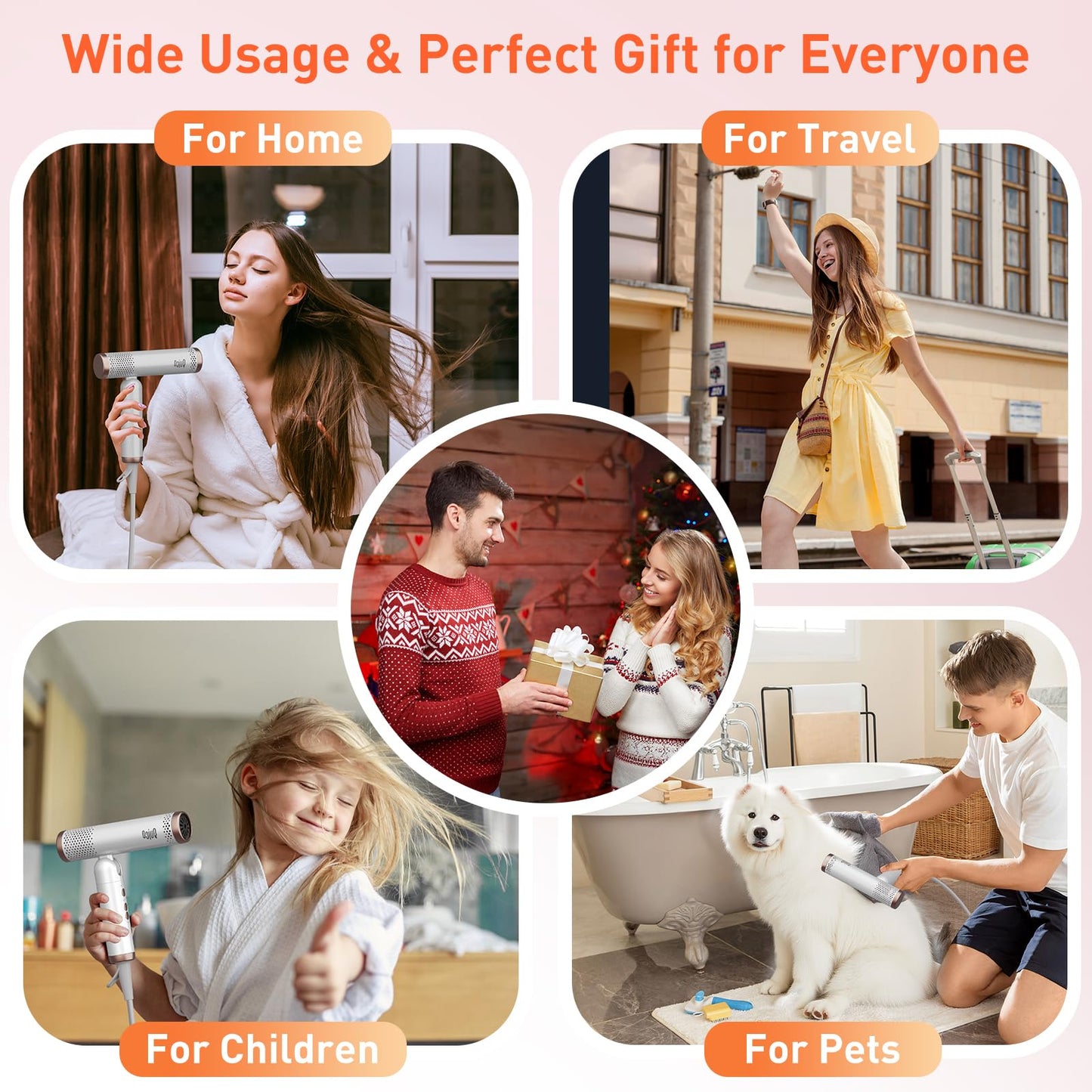 Quico Travel Hair Dryer with Dual Voltage, 120000 RPM Fast Drying Hair Dryers for Women with 500 Million Negative Ions, Thermo-Control Compact Hair Blow Dryer with Cold, 3 Heat & 3 Speed Settings