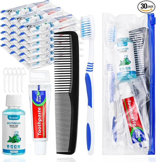30 Set Travel Toothbrush Kit Bulk,Disposable Toothbrush with Toothpaste Set with Mouthwash,Toothpaste,Cover,Comb,Zip Bag,Floss Picks,Toothbrushes Set for Homeless,Travel
