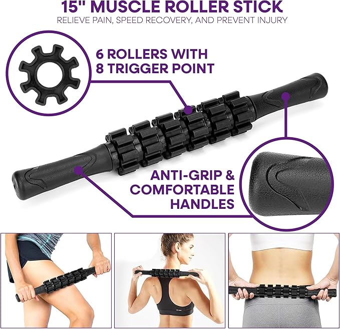 6-Piece Foam Roller Massage Set – Deep Tissue Muscle Recovery Kit with Massage Stick, Massage Balls & Stretch Strap – Includes Carry Bag – Black/Blue