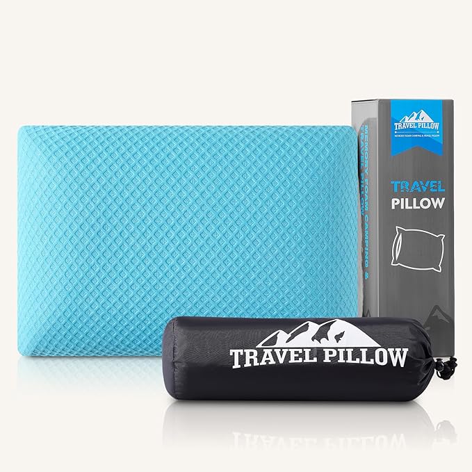 Travel Pillow Memory Foam Pillows, Camping Pillow-Compressible Medium Firm, Breathable Cover, Ideal Backpacking Hiking, Bed Pillows, Airplane and Car (Light Blue, S)