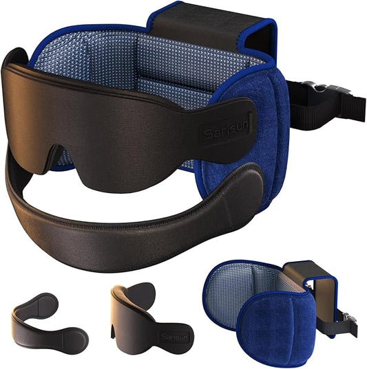 Travel Pillow Combo with Chin Strap, Airplane Pillows with 3D Eye Mask for Sleeping, 360° Support Plane Head Strap for All Plane Seats, Long Flights Essentials, Stop Bobblehead, Mottle Blue