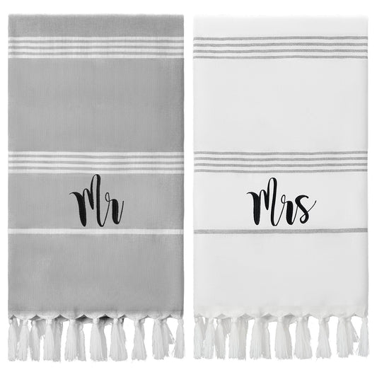 Preboun 2 Pcs Mr and Mrs Turkish Beach Towels Decorative Mr and Mrs Gift Embroidery Stripe Turkish Beach Towels for Honeymoon Newlywed Couple Wedding Gift 71 * 39 inch(Grey, White)