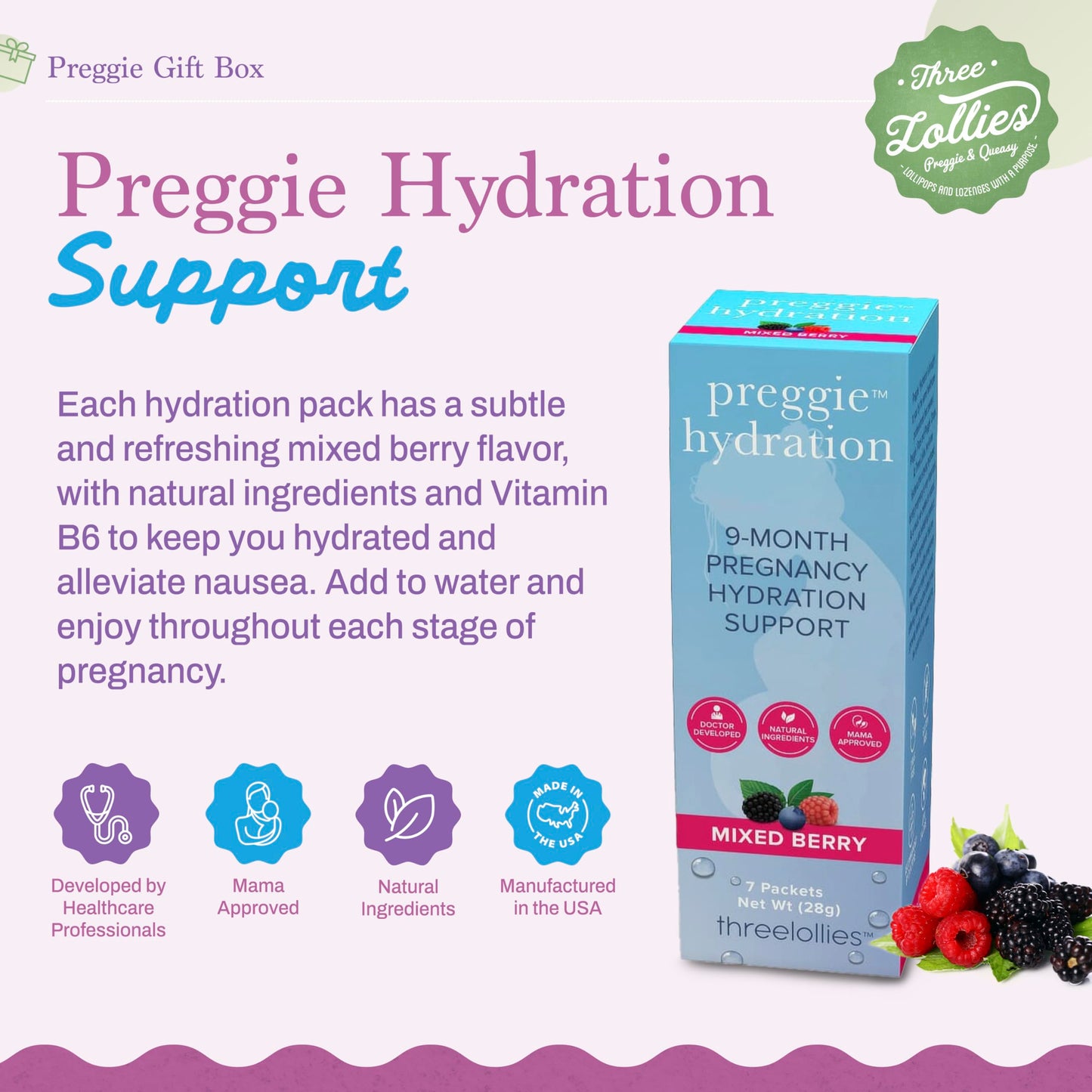 Three Lollies Preggie Gift Box - Natural, Pregnancy Nausea Relief Essentials with Anti-Sickness Lozenges, Hydration Packets, Ginger Capsules, & Anti-Nausea Bands for Morning Sickness