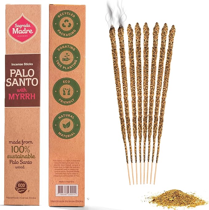 8pcs Wildly Harvested Thick Palo Santo Incense Sticks (Myrrh), 9” Long - Eco Friendly, Non-Toxic, Aromatic Incense Sticks (1hr Burning Time) to Heal & Calm Your Body and Environment