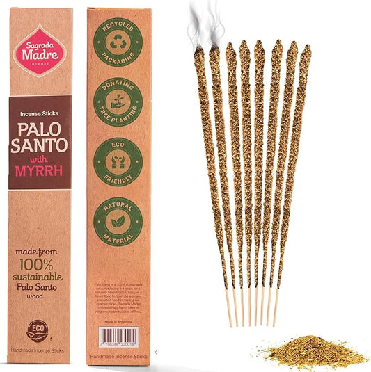 8pcs Wildly Harvested Thick Palo Santo Incense Sticks (Myrrh), 9” Long - Eco Friendly, Non-Toxic, Aromatic Incense Sticks (1hr Burning Time) to Heal & Calm Your Body and Environment