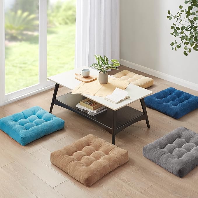 Meditation Floor Pillow Set of 2, Square Large Pillows Seating for Adults, Tufted Corduroy Cushion for Living Room Tatami, Coffee Brown 22x22 Inch