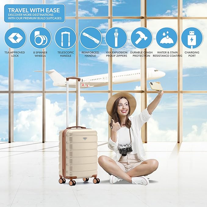 Carry On Suitcase Hardside TSA Lock & USB Port Silent Double Spinner Wheels Maximum Carry-On Bag For Canada Air Approved Airlines( 21.5x15.5x9" ,Cream/Tan )