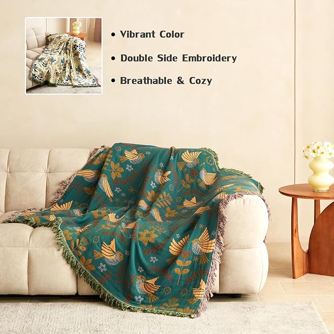 Boho Throw Blanket for Couch 100% Cotton Ultra Soft Rustic Quilt Birds and Floral Double Embroidery Fall Throw Blankets,50"×60" All Season Throws for Sofa Chair