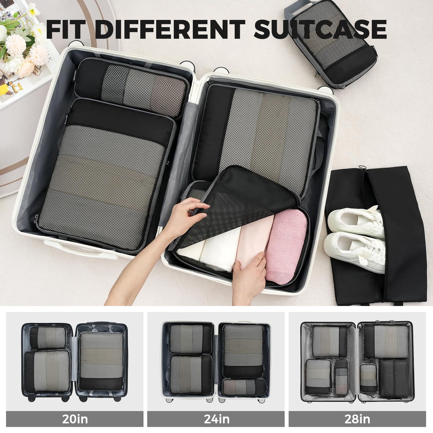 BAGAIL 4 Set/6 Set/8 Set Compression Packing Cubes Travel Accessories Expandable Packing Organizers (Half Mesh, 6-Black)