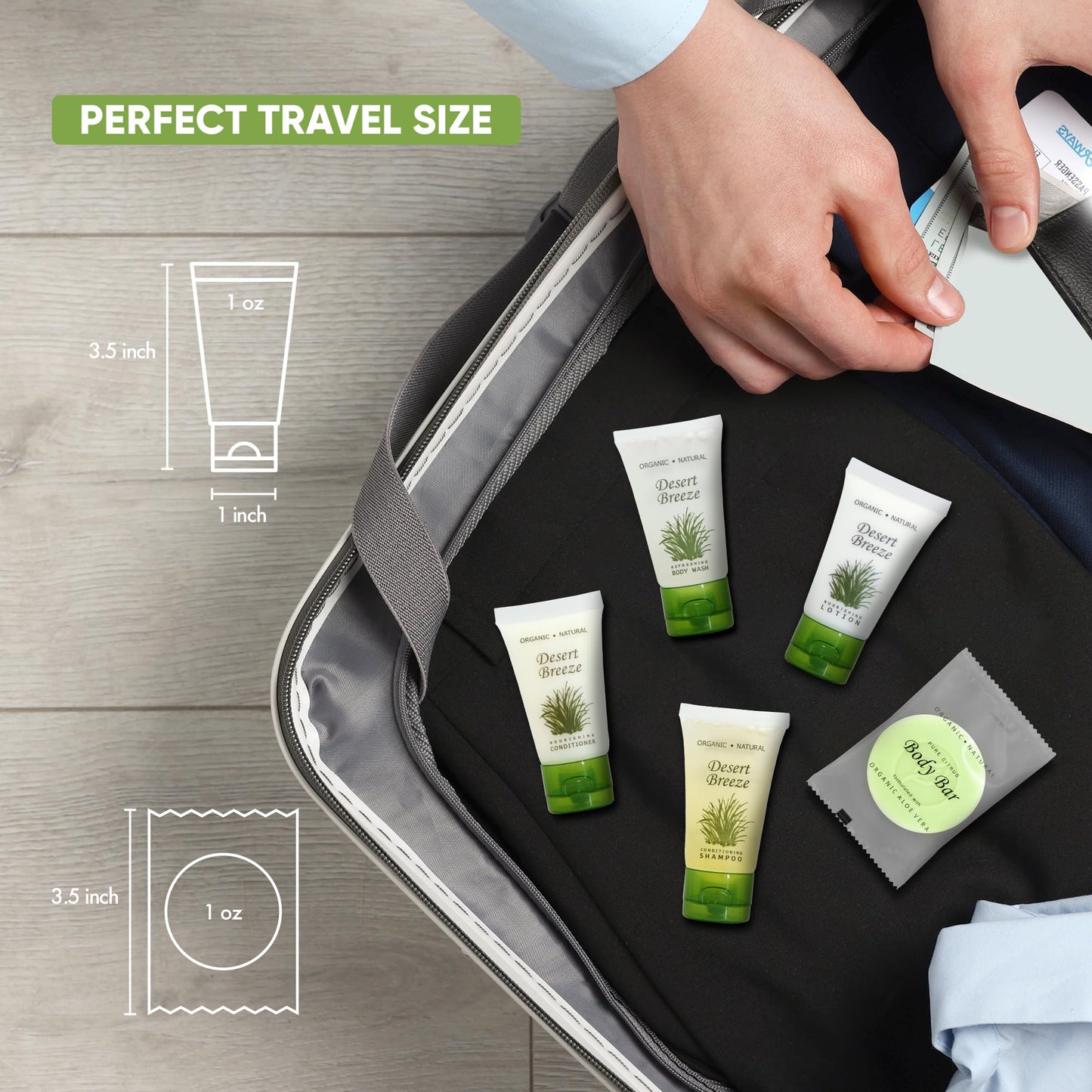 Desert Breeze Hotel Soaps & Toiletries Bulk Set | 1-Shoppe Amenities Kit | 1oz Shampoo & Conditioner, Body Wash, Lotion, Bar Soap | Travel Size | 75 Pieces