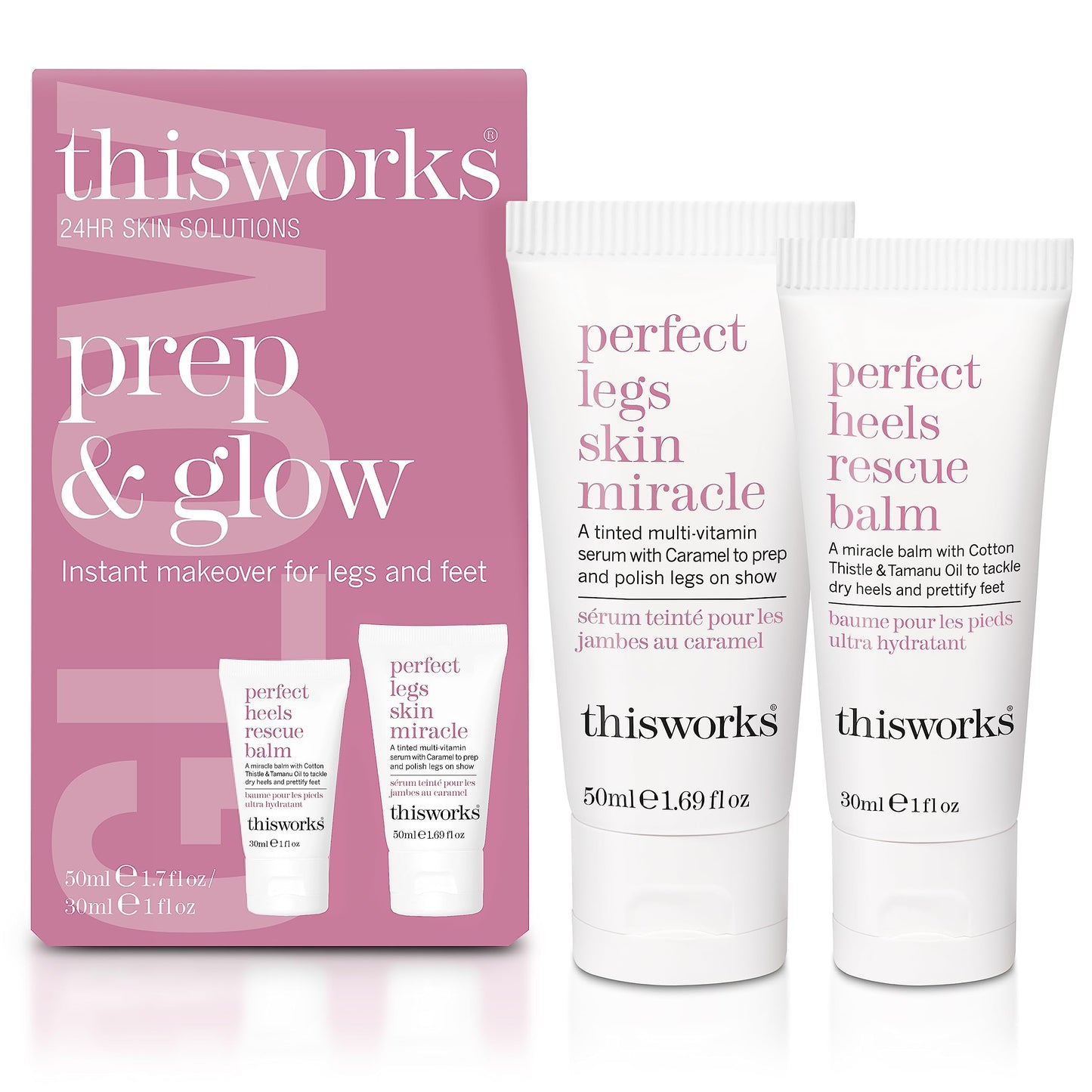 THISWORKS Prep and Glow Gift Set - Travel Size Kit with Perfect Legs Skin Miracle and Perfect Heels Rescue Balm Foot Cream - Nourishing & Hydrating Bodycare Duo