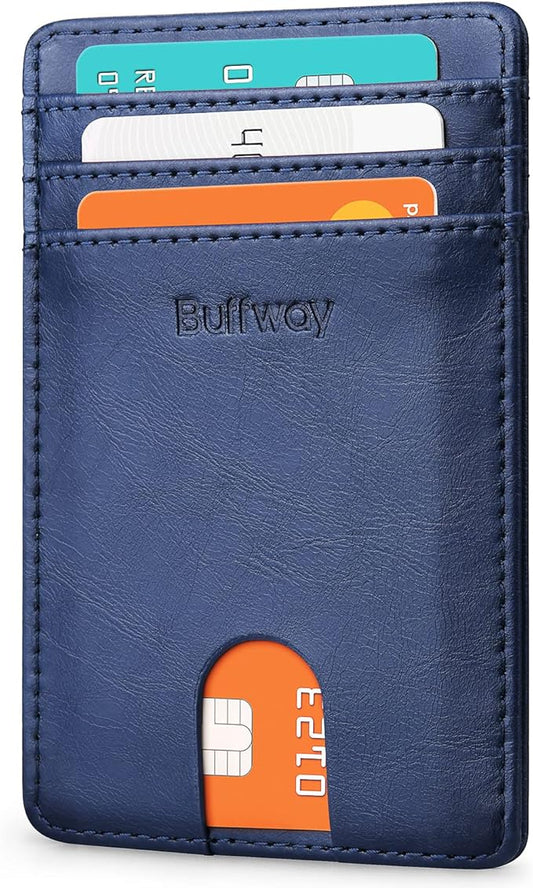 Buffway Mens Slim Wallet, Minimalist Thin Front Pocket Leather Credit Card Holder with RFID Blocking for Work Travel