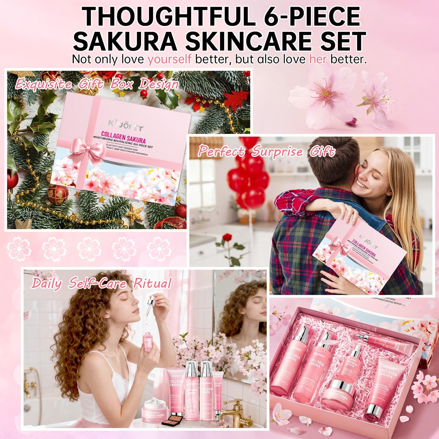 Sakura Skin Care Set - 6 PCS Cherry Blossom Skin Care Kit with Cleanser, Toner, Serum, Lotion, Eye Cream & Face Cream - Moisturizes Skin & Boosts Collagen - Korean Skin Care Set for Teen Girls & Women