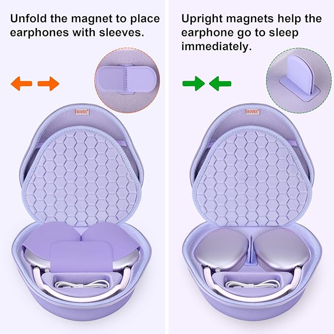 BOVKE Hard Carrying Case with Sleep Mode for Apple AirPods Max Wireless Over-Ear Headphones, AirPods Max Protective Portable Storage Bag with Mesh Pocket for Headphone Accessories, Purple