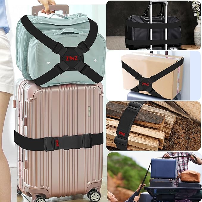 2-Pack Elastic Luggage Straps with Suitcase Bungee, Adjustable Bag Belt Travel Accessories -Black/Red