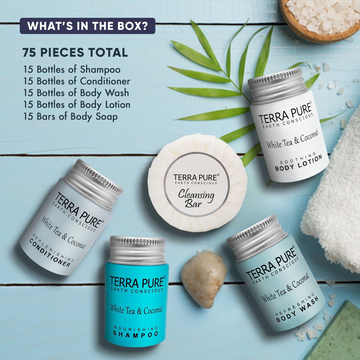 Terra Pure White Tea & Coconut Toiletries Set | 1-Shoppe Amenities Kit | 1oz Liquids, 1.25oz Bar Soap | Hotels, Airbnb & Rentals | 75 Pieces
