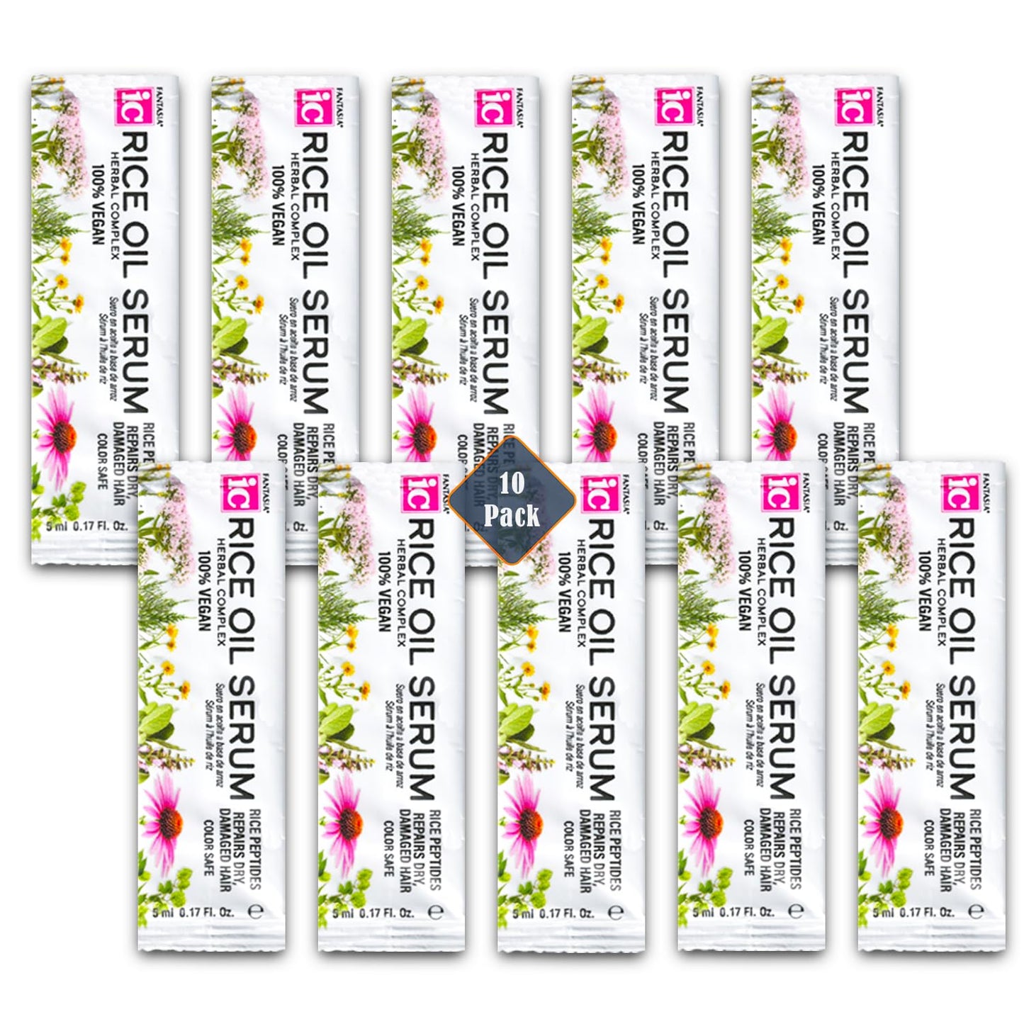 Fantasia Rice Oil Hair Serum Travel Set - 10 Pk Bundle with 0.17 oz Rice Oil Repair Packets | Travel Friendly Damaged Hair Repair Serum Mini Packets