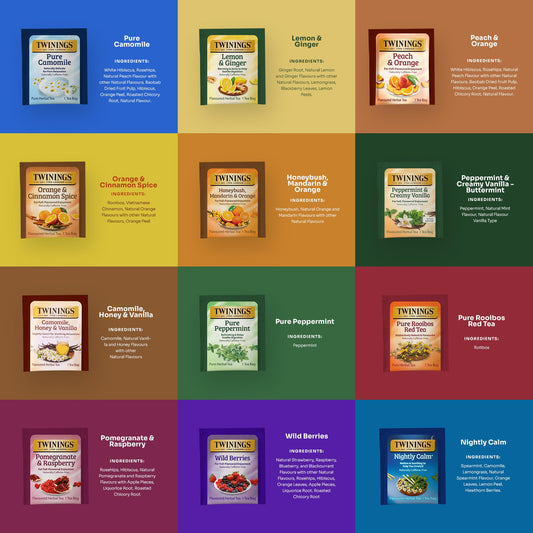 Twinings 48 Tea Bags Herbal Variety Pack, Bundle with 20 Flavored Honey Sticks – 12 Flavors Caffeine-Free Individually Wrapped Teas for Gift Basket, Office, Lobby Refreshments